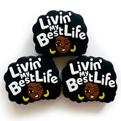 Silicone Focal Beads Negro Girl Winking Afro Hair Livin My Best Life 20pcs