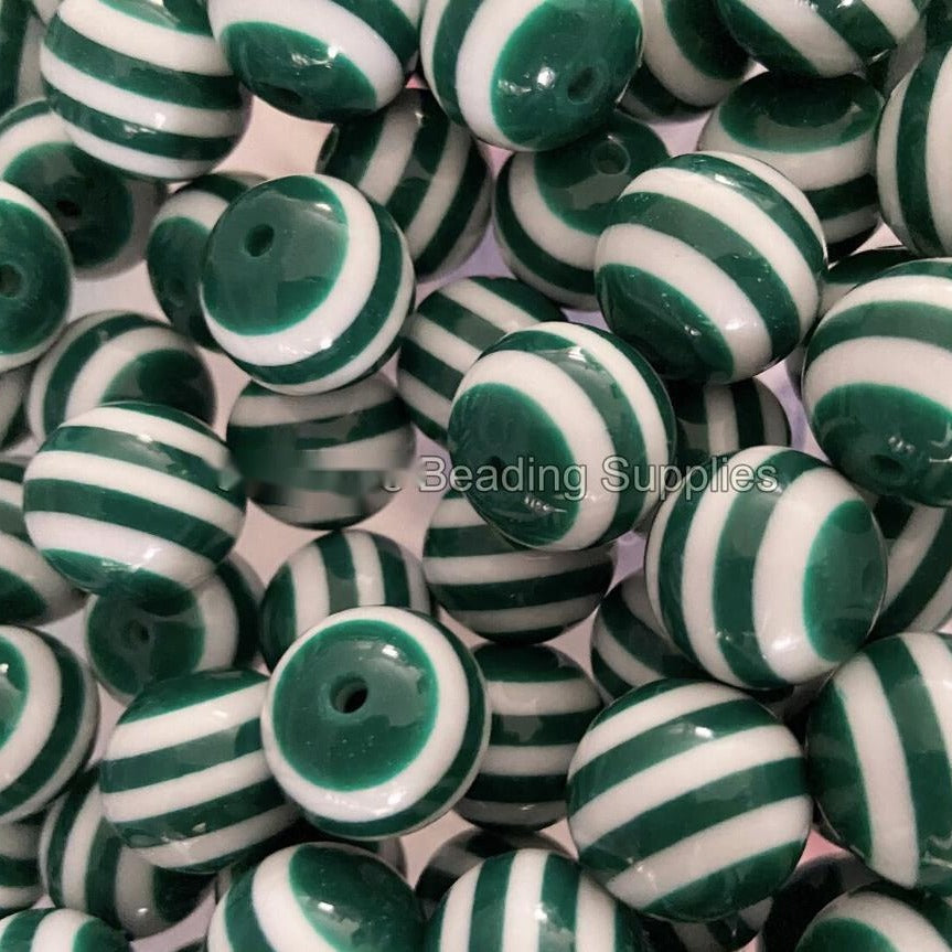 Striped Bubblegum Beads 20mm Chunky Dark Green White Resin 10pcs