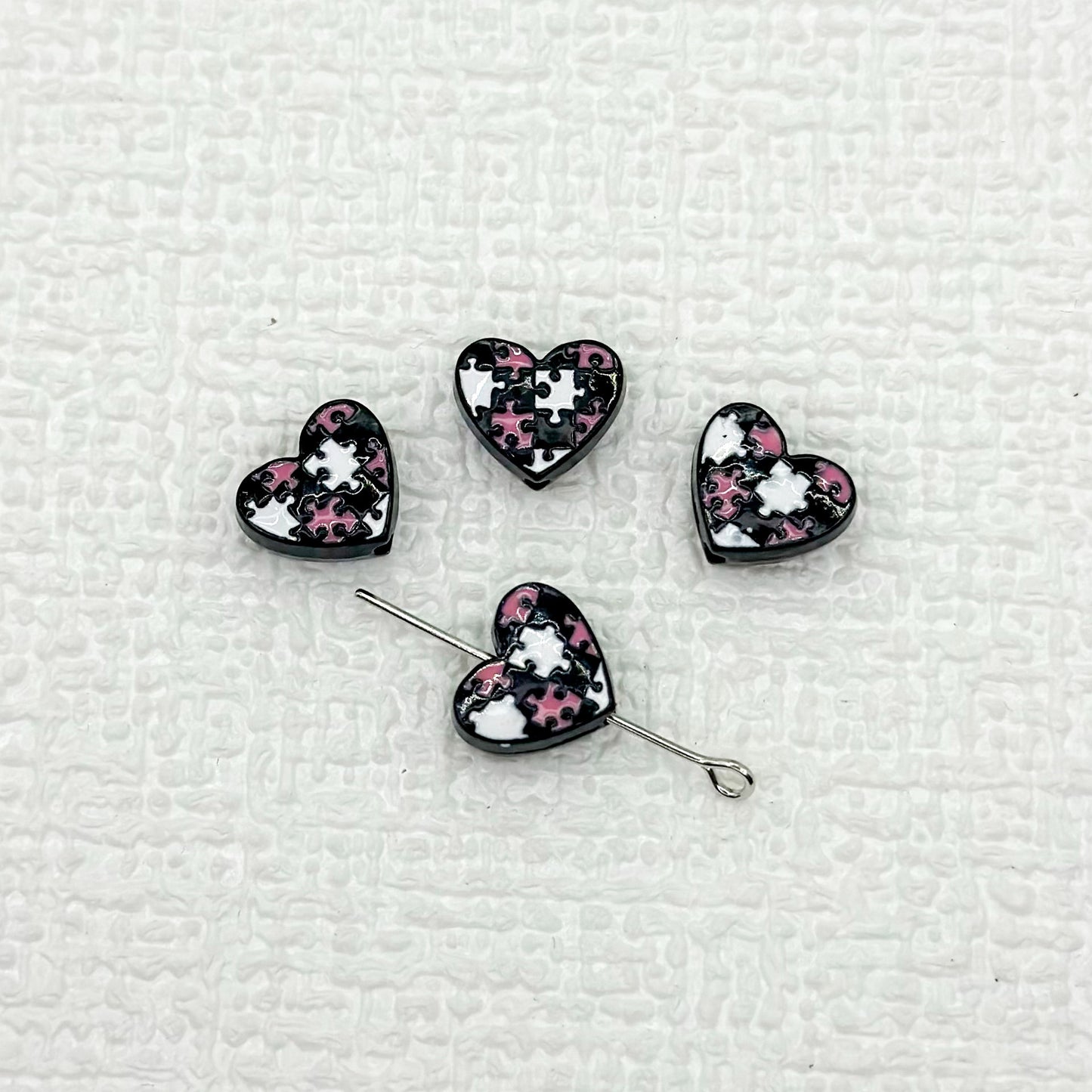 Heart Metal Beads 12mm Baking Painted Puzzle Pattern Enamel 10pcs 17