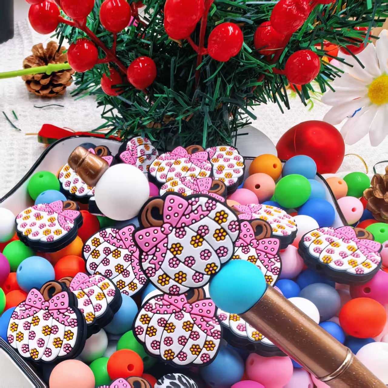 Silicone Focal Beads Pumpkin with Floral Bow 20pcs 3