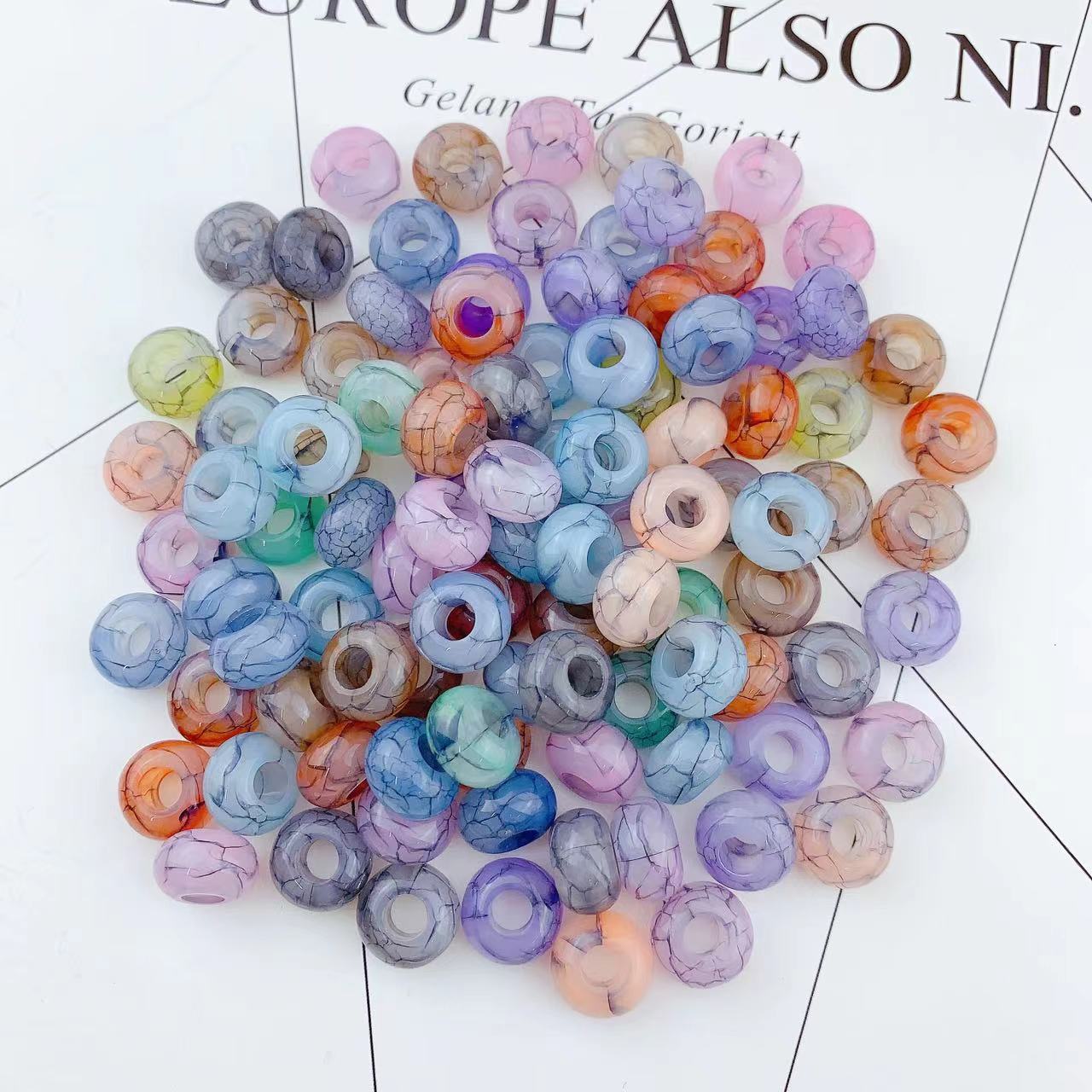 Acrylic Flat Round Spacer Beads 14mm Large Hole Dual Color Crackle 60pcs 6