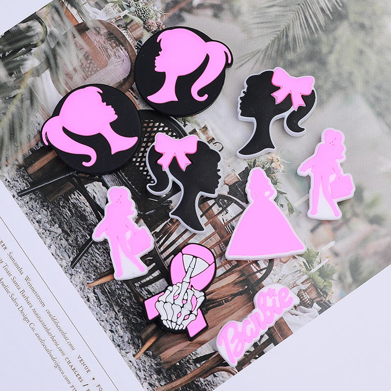 Silicone Focal Beads Barbie Pink Ponytail Circle Badge 20pcs 4