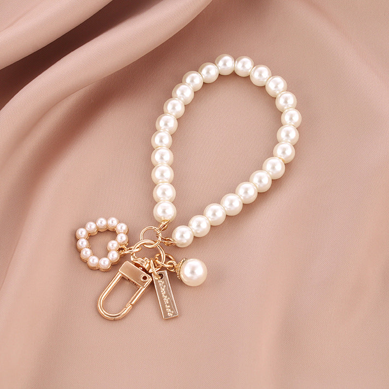 Pearl Beaded Love Bracelet Keychain Metal Gold Tone Elegant 7