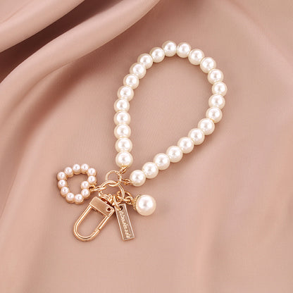 Pearl Beaded Love Bracelet Keychain Metal Gold Tone Elegant 7