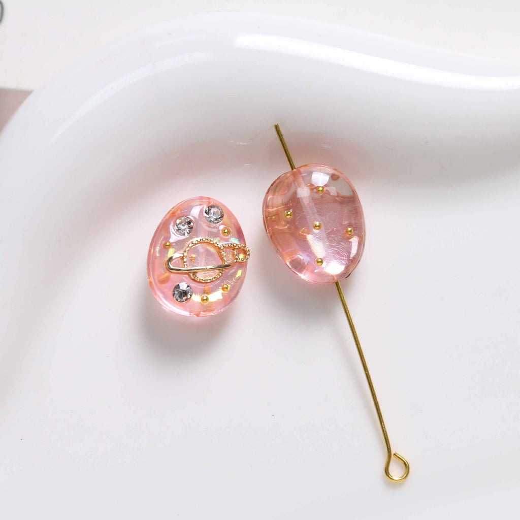 Oval Resin Rhinestone Beads 17x14mm Planet Pattern 5pcs 6