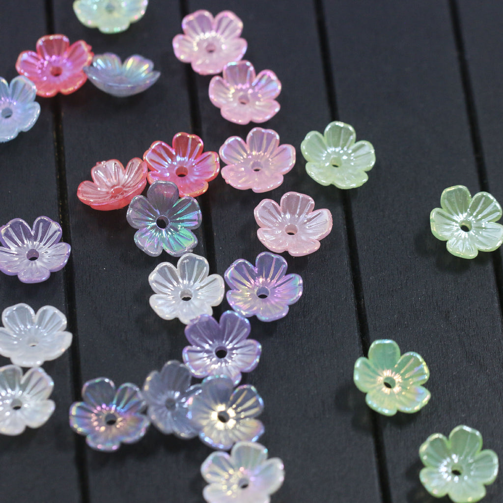 Plated Five Flower Acrylic Beads 11mm Iridescent Pastel 100pcs