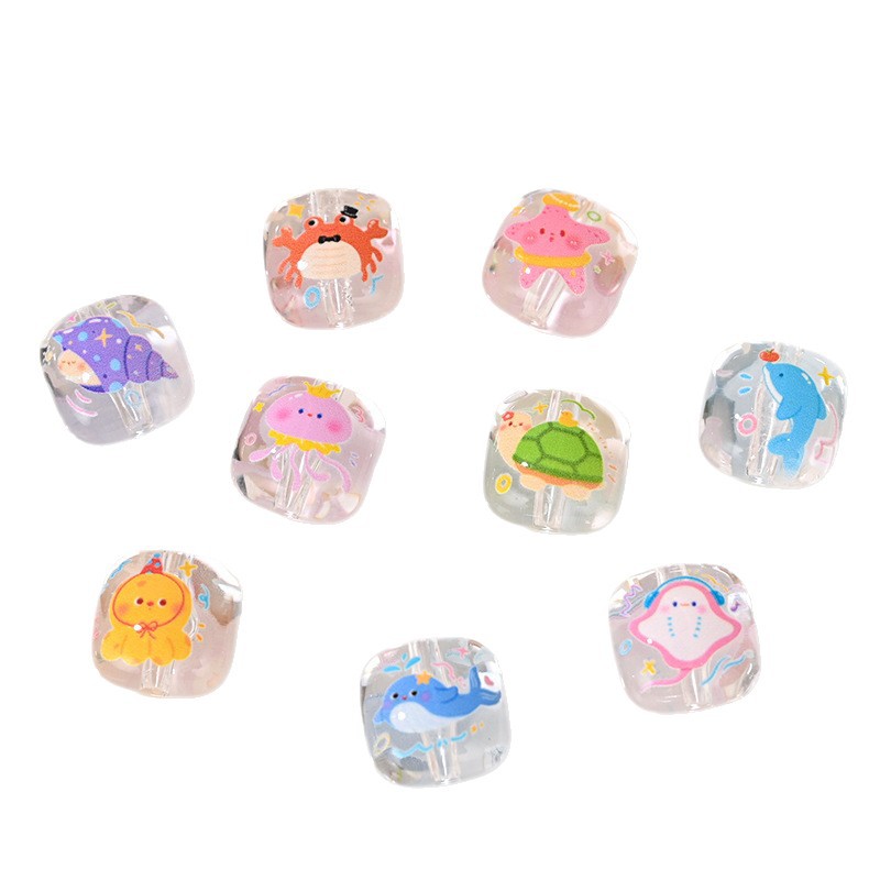 Clear Marine Creature Square Acrylic Beads 15mm Printed 10pcs 5