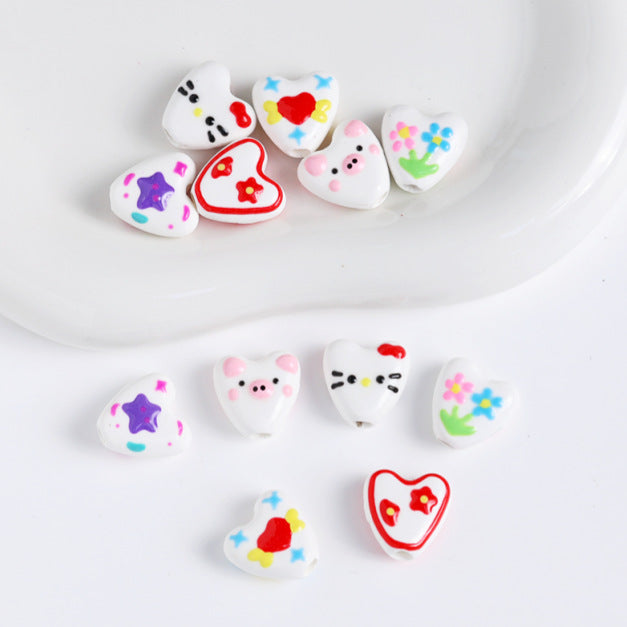 Hand Painted Animal Heart Ceramic Beads 15mm Colorful 5pcs