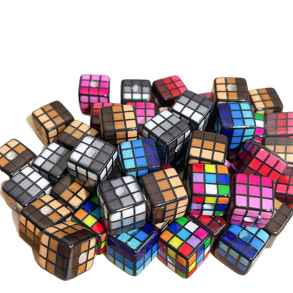 Rubik's Cube Printed Acrylic Square Beads 14mm Colorful Glossy 100pcs 4