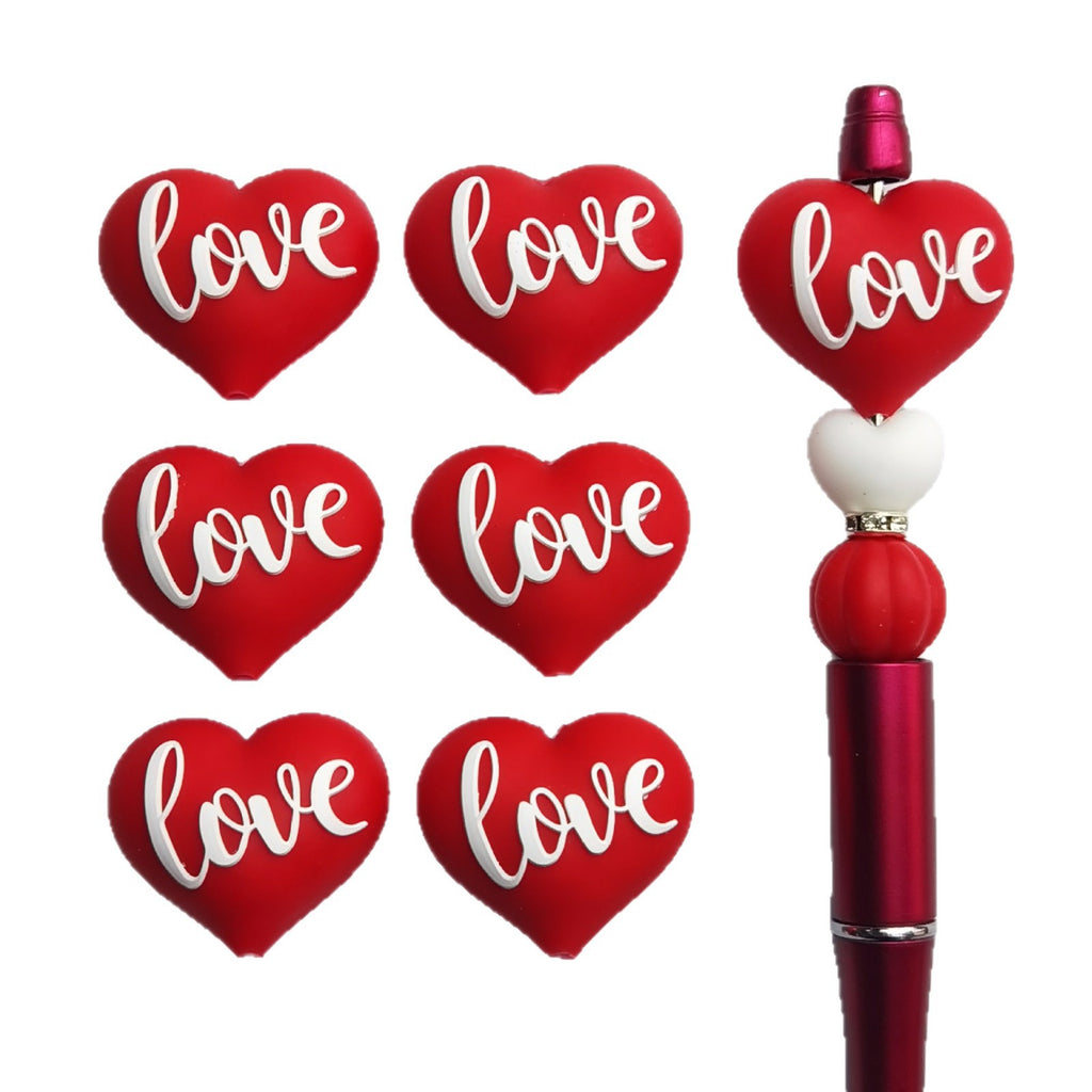 Silicone 3D Focal Beads Valentine Love Red Heart Script Front Facing 20pcs