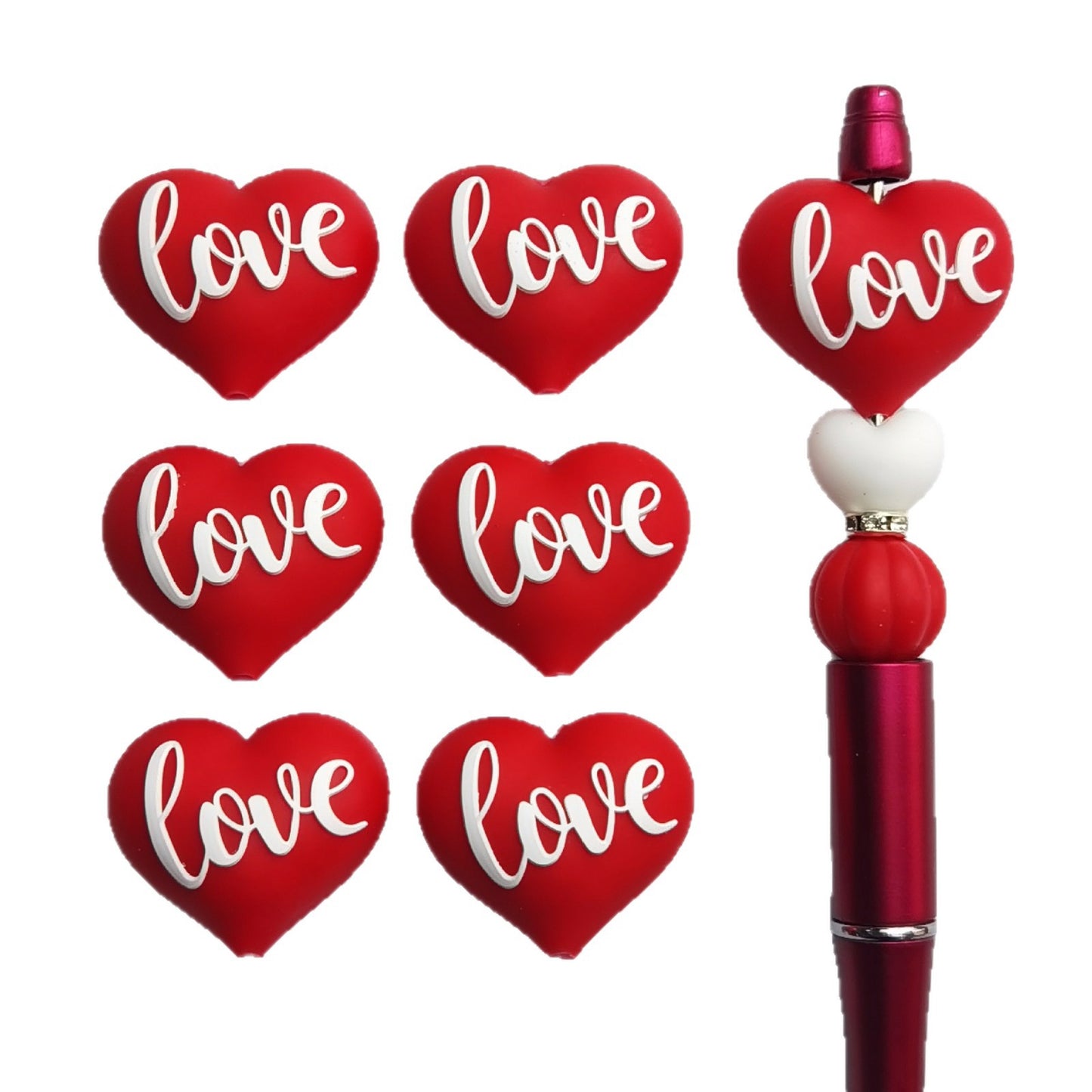 Silicone 3D Focal Beads Valentine Love Red Heart Script Front Facing 20pcs