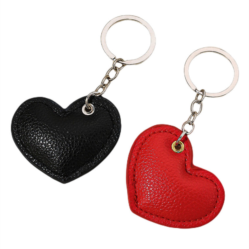 Leather Heart Keychain Pebbled Texture Red and Black