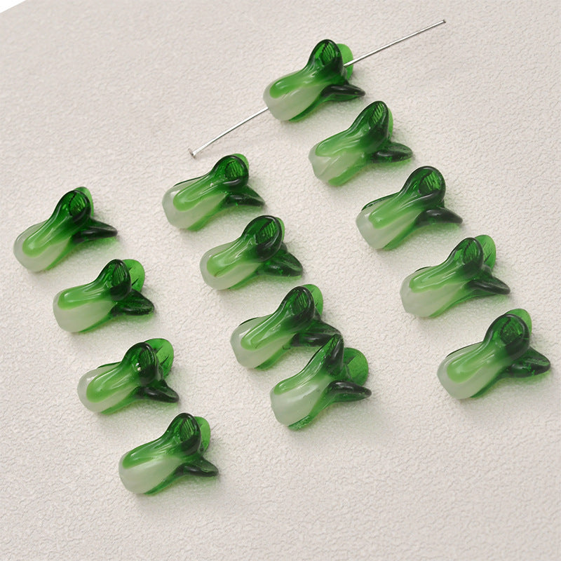 Lampwork Glass Beads 3D Bok Choy Shape Glossy Green White 20pcs 2