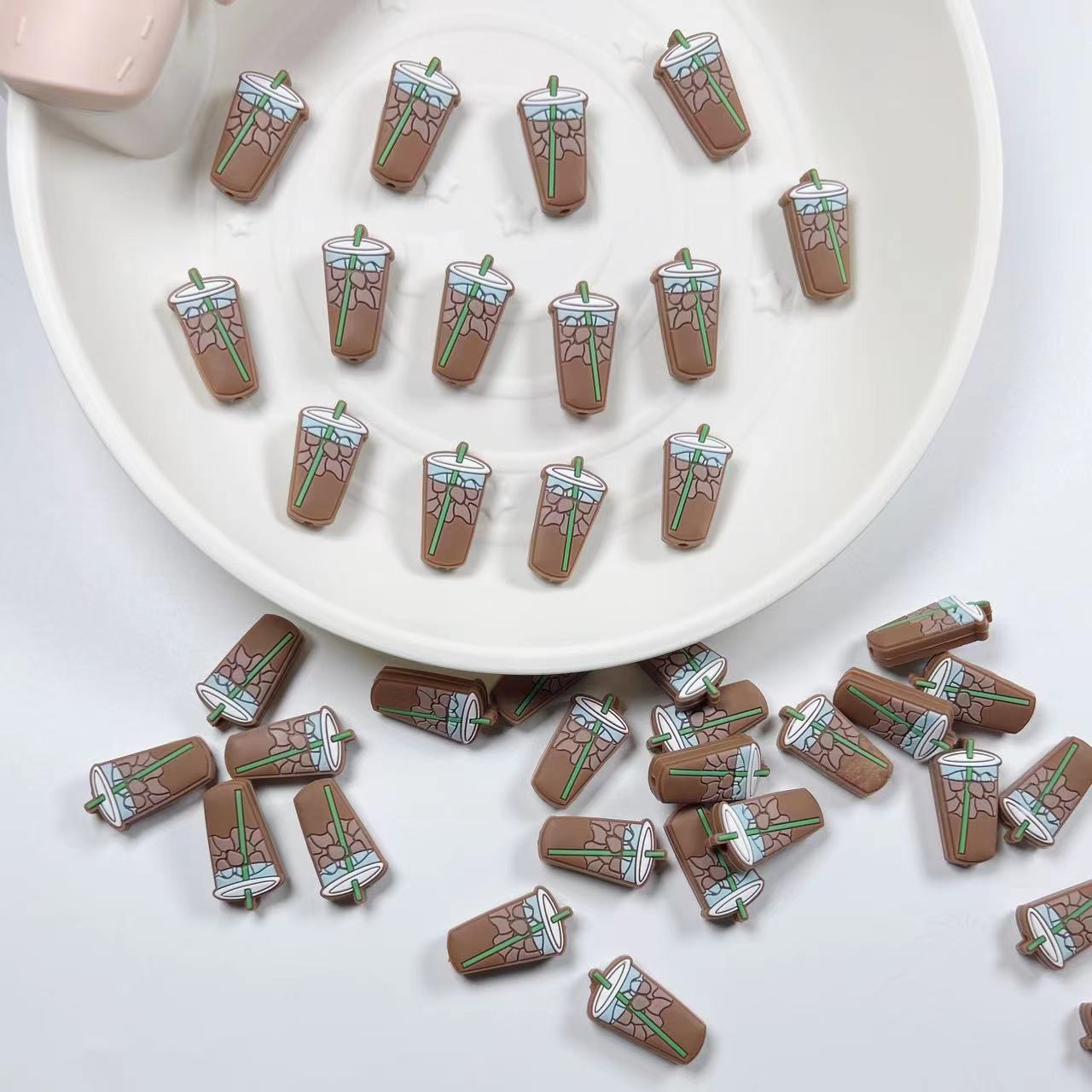 Silicone Focal Beads Camel Milk Tea Cup With Green Straw 20pcs 4