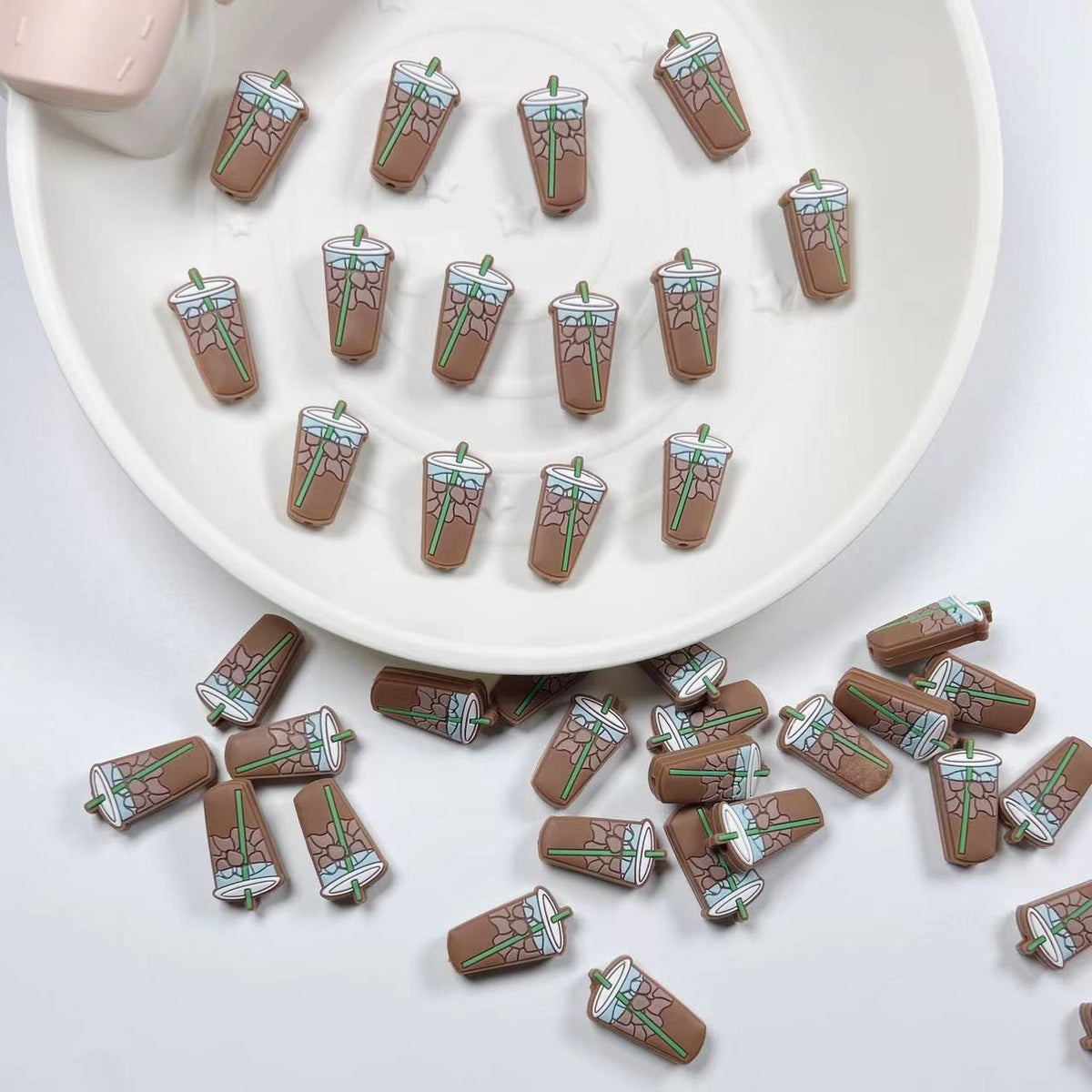 Silicone Focal Beads Camel Milk Tea Cup With Green Straw 20pcs 4
