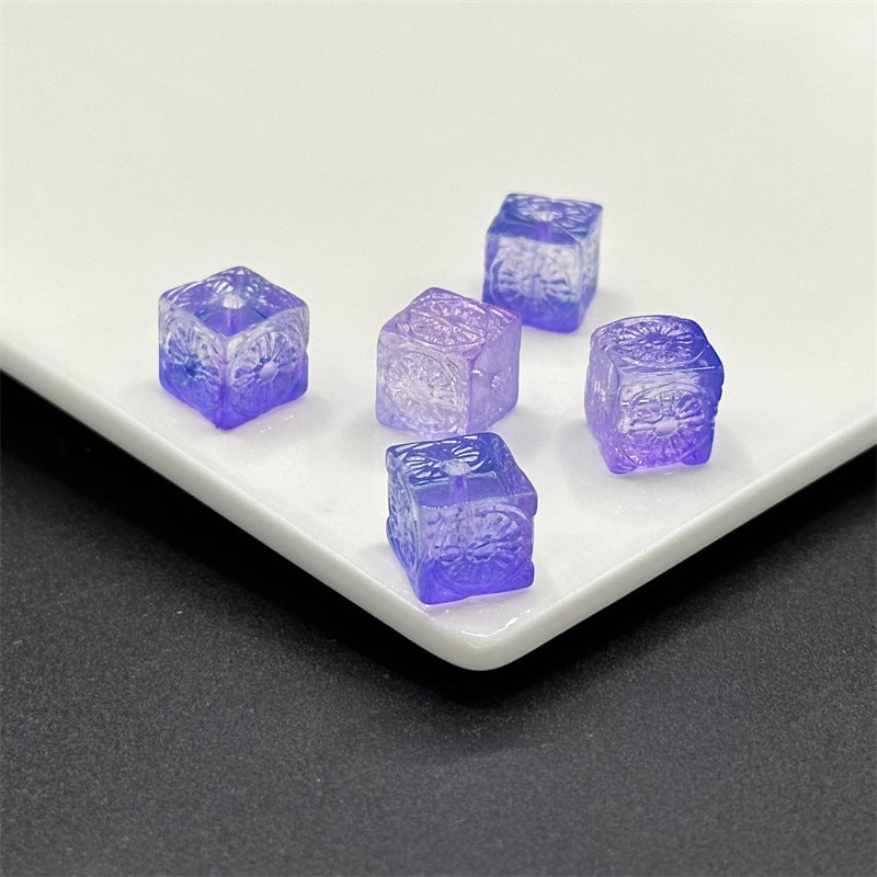 Carving Square Glass Beads 14mm Transparent Pastel Mixed 100pcs 10