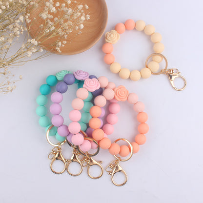 Silicone Beaded Daisy Rose Wristlet Keychain with Gold Clasp 3