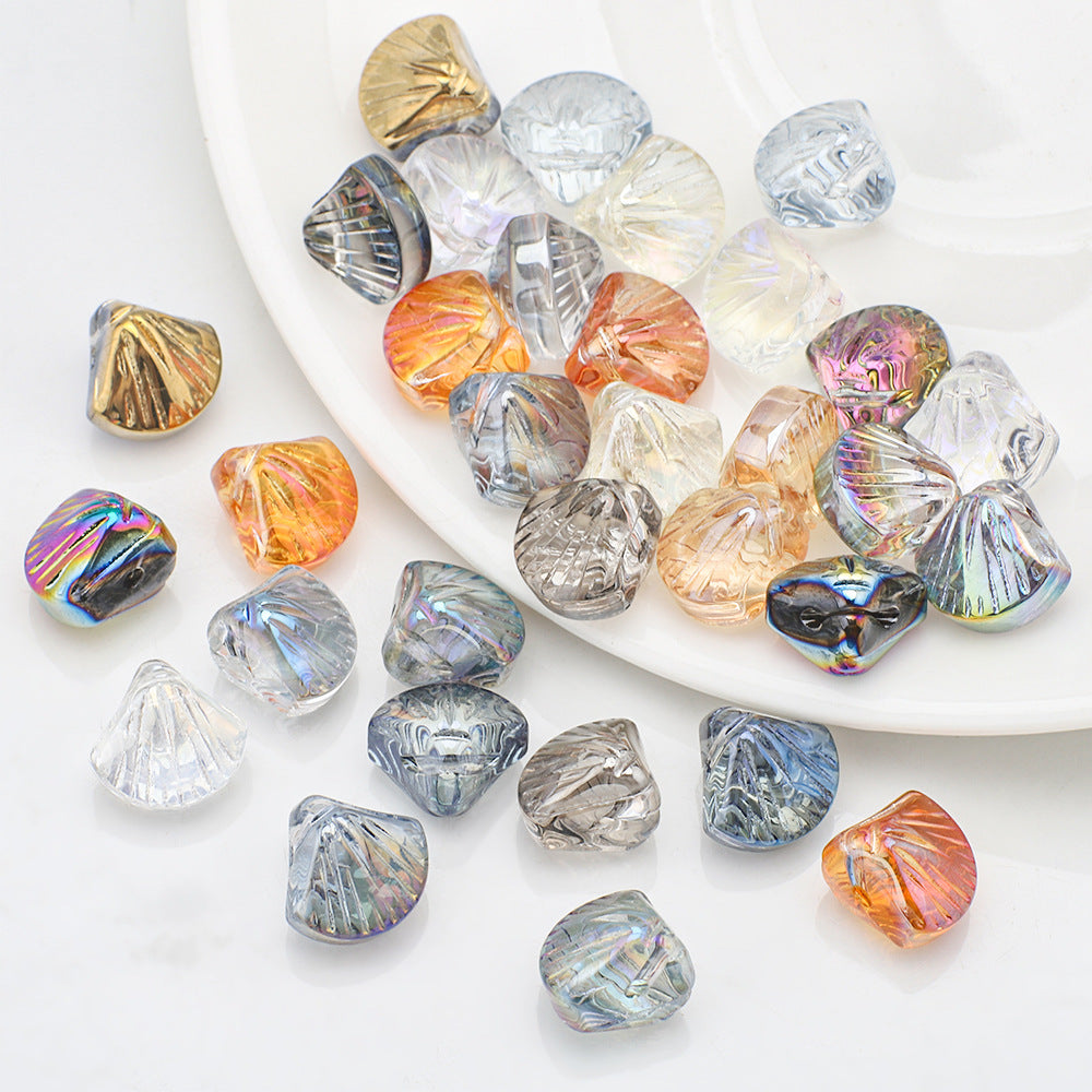 Electroplated Shell Glass Beads 10mm Glossy Ridged Surface 60pcs