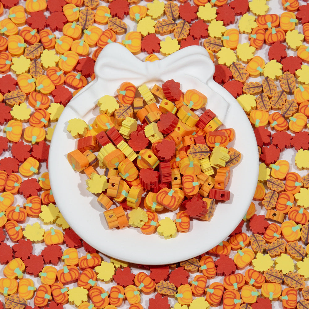 Thanksgiving Clay Beads Pumpkin Leaf Shapes Polymer 100pcs 3