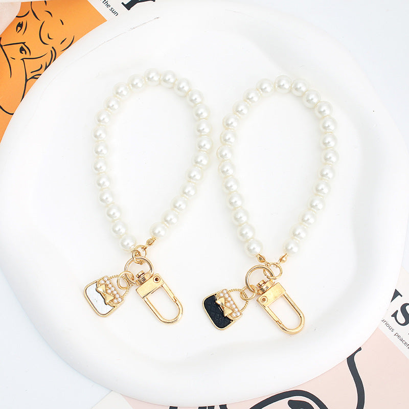 Pearl Beaded Bracelet Keychain with Gold Tone Clasp 2