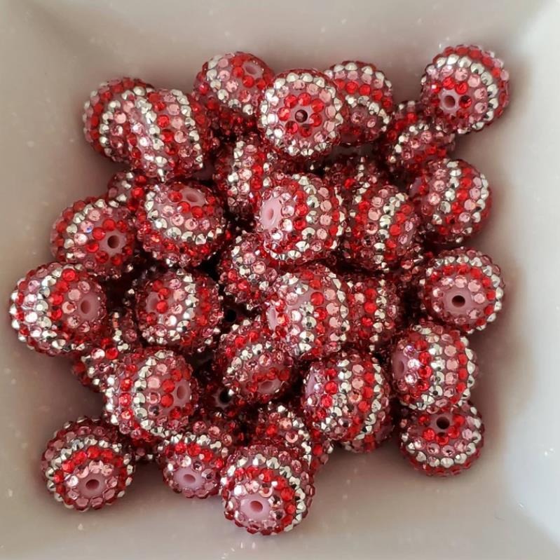 Rhinestone Bubblegum Beads 16-22mm Pink Striped Resin Valentine 5pcs
