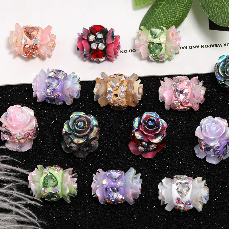 Polymer Clay Camellia Rhinestone Beads 30x15mm Double Sided 10pcs 3