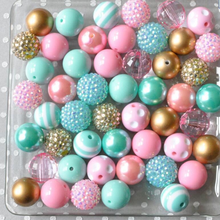 Bubblegum Beads 20mm Pink Blue Teal Gold Glitter Striped Chunky Mix 50pcs