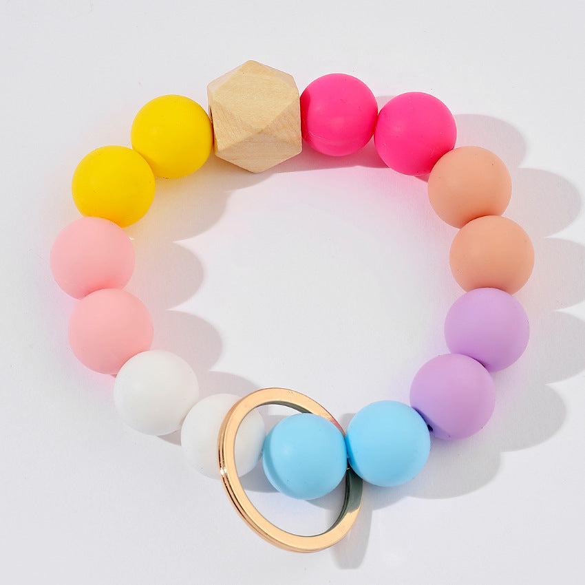 Silicone Beads Bracelet Wristlet Keychain with Wood Geometric Accent 3