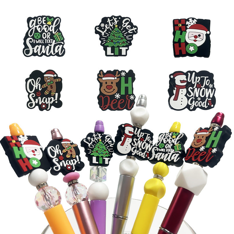 Silicone Focal Beads Christmas Snowman Elk Santa Text Print 4