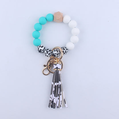 PU Leather Tassel Silicone Bead Wristlet Keychain Colorful Animal Print 7