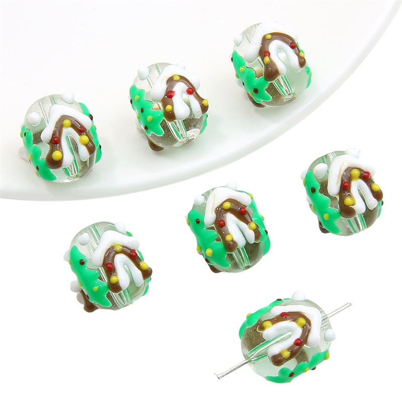 Lampwork Glass Beads Hand Painted Christmas Theme Enamel 2pcs 16
