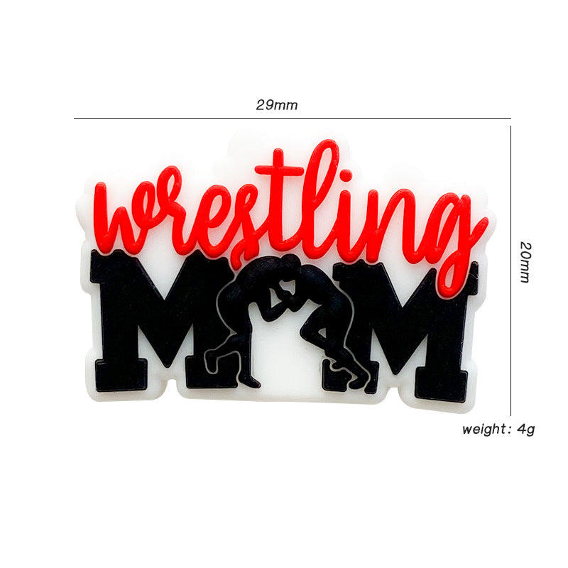 Silicone Focal Beads Wrestling Mom Red Script Black Silhouettes 10pcs