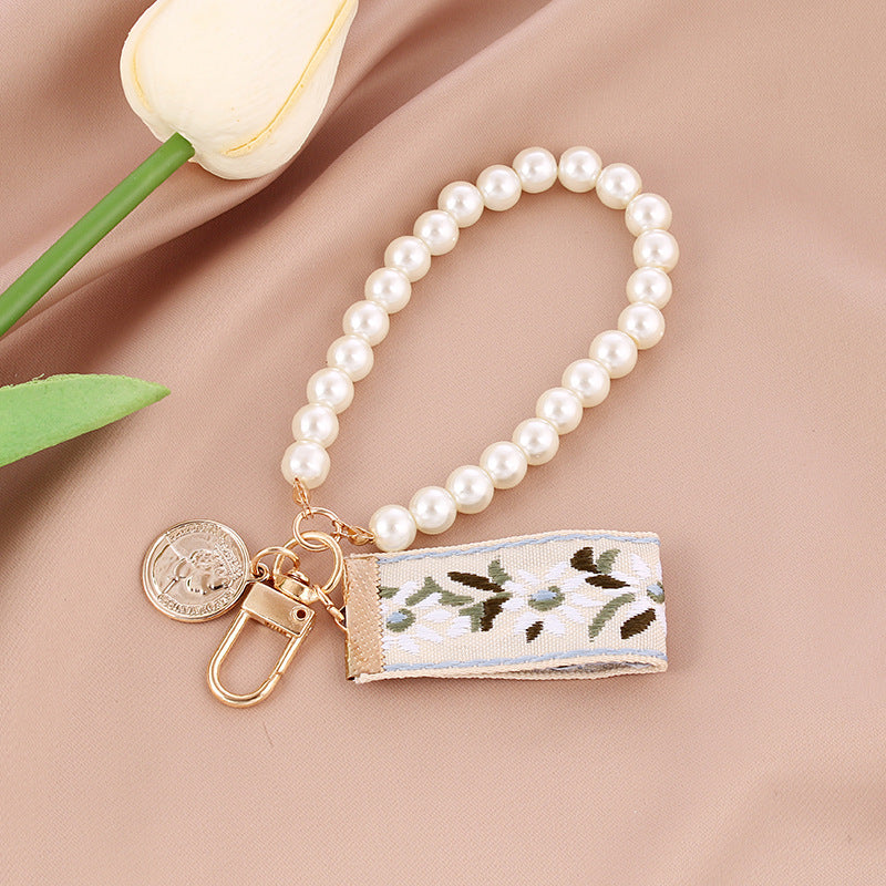 Fabric Woven Pearl Bow Keychain Vintage Floral Accessory 9