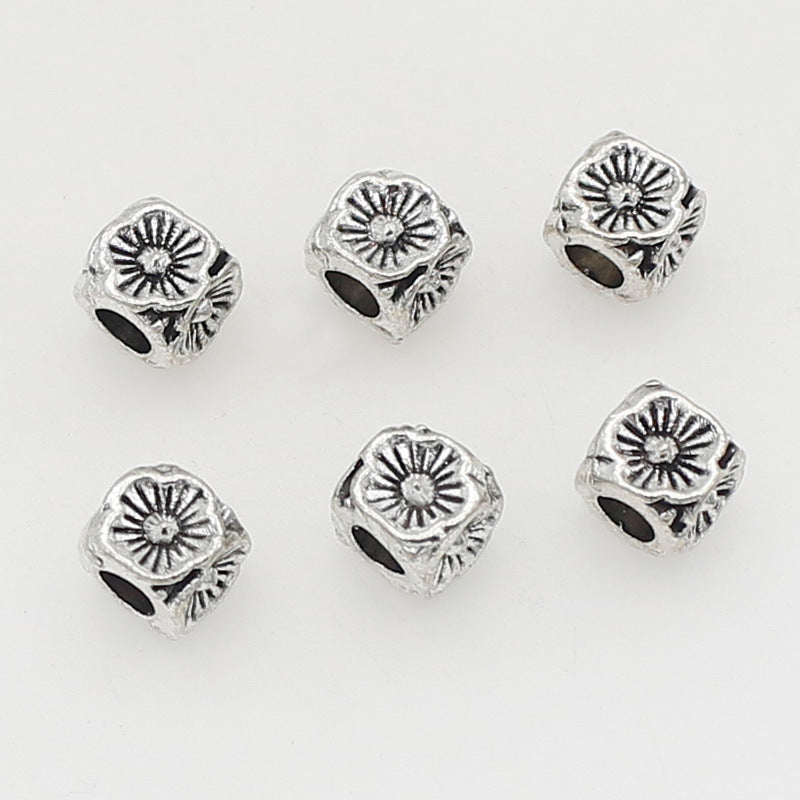 Square Metal Beads 5/8mm Tibetan Four-Sided Flower Antique Silver Tone 3