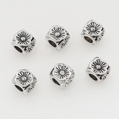 Square Metal Beads 5/8mm Tibetan Four-Sided Flower Antique Silver Tone 3