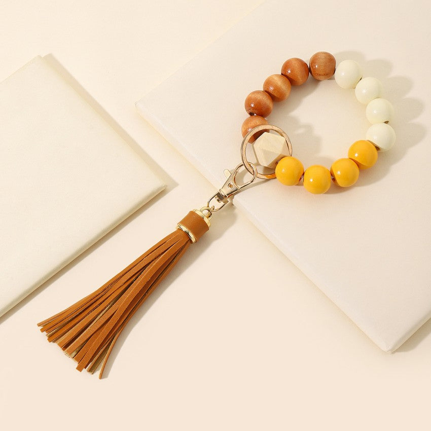 Wooden Beads Tassel Wristlet Keychain Natural Texture Pastel Colors 10