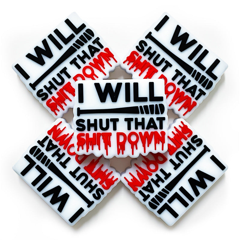Silicone Focal Beads Baseball Bat Bold Black and Red Lettering 20pcs