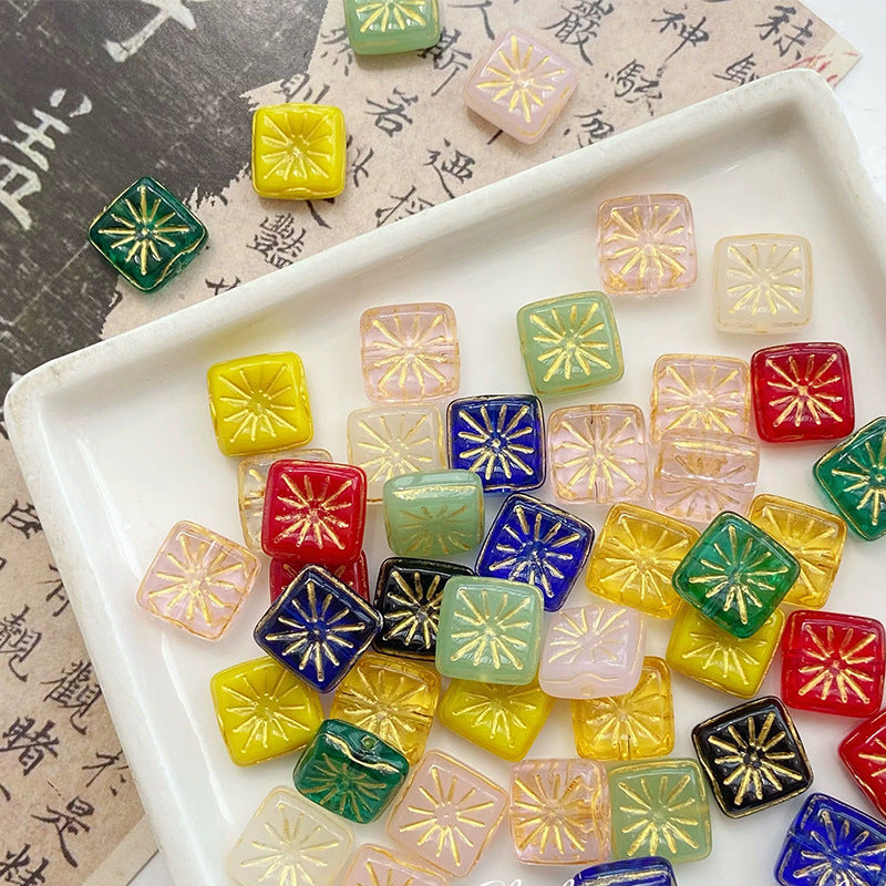 Lampwork Glass Beads Square 17mm Gilded Fireworks Pattern 10pcs 4