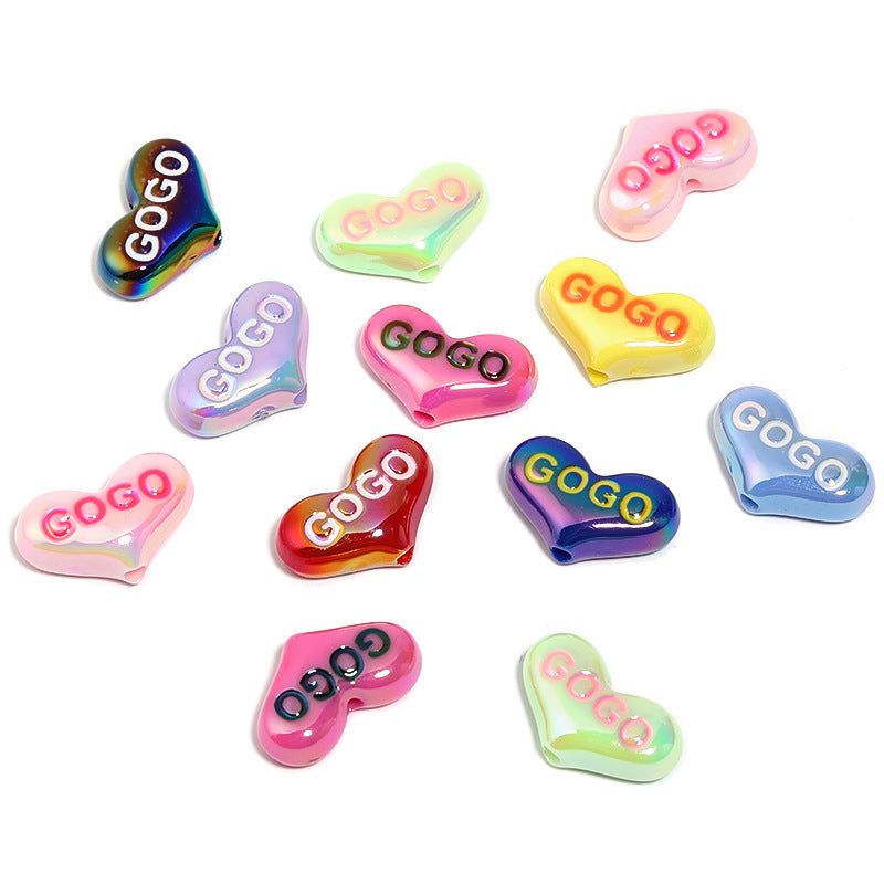 UV Plating Heart Acrylic Beads 14x23mm GOGO Printed Glossy 50pcs 6