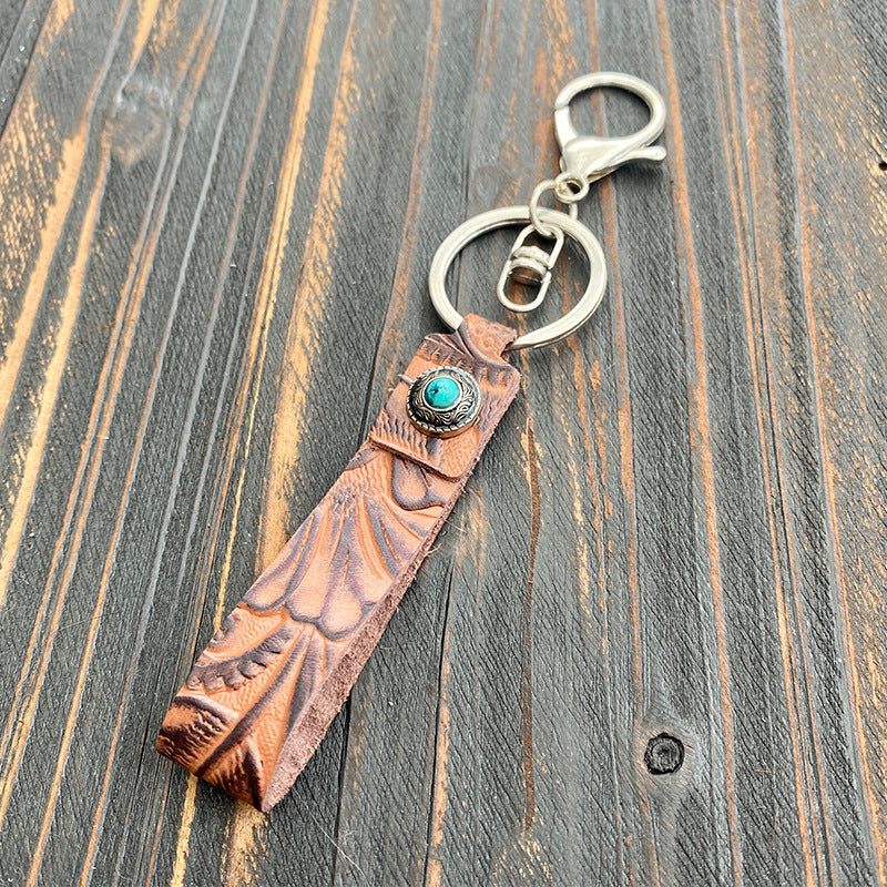 Vintage Embossed Leather Lanyard Keychain Genuine Cowhide 14cm 2pcs 6