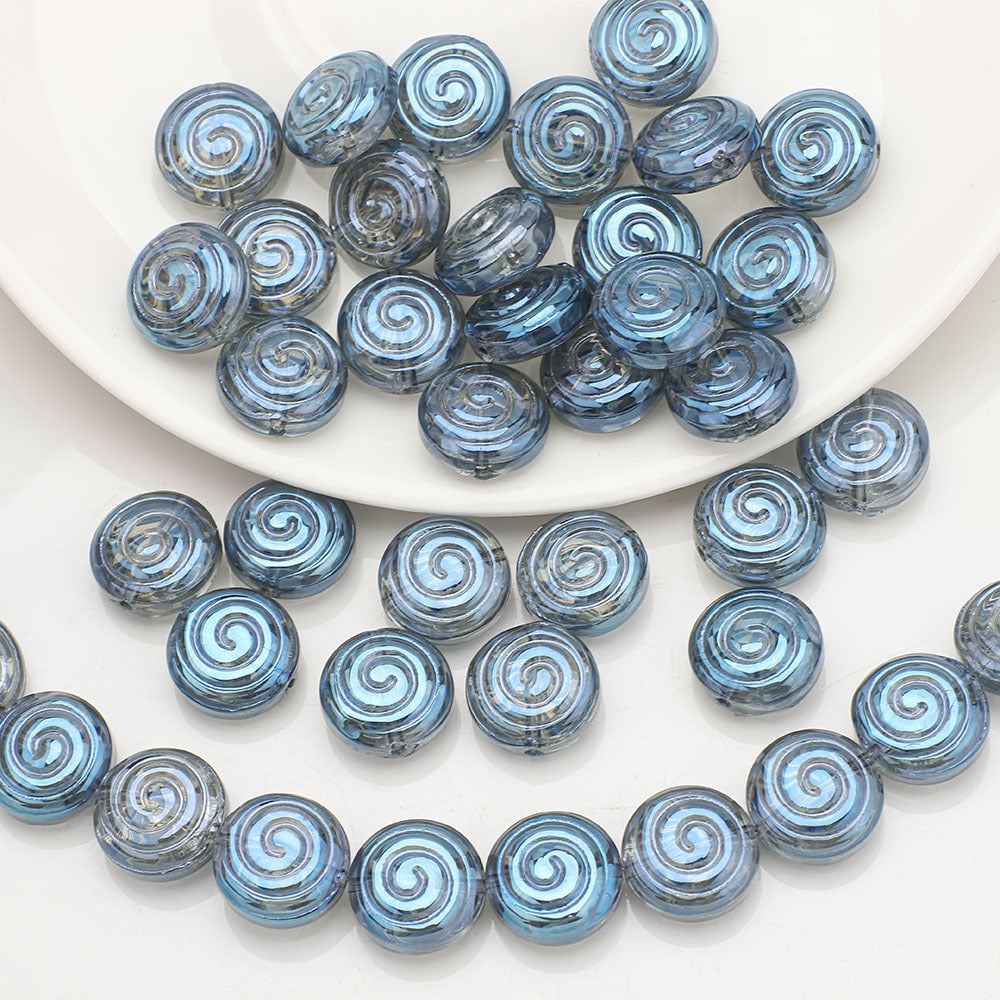 Electroplated Flat Spiral Glass Beads 12mm Metallic Iridescent 30pcs 7