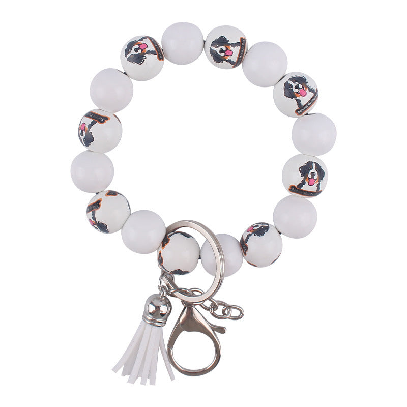 Wooden Dog Silicone Bead Tassel Wristlet Keychain Pomeranian Husky Beagle Bulldog 8