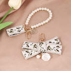 Fabric Woven Pearl Bow Keychain Vintage Floral Accessory 4