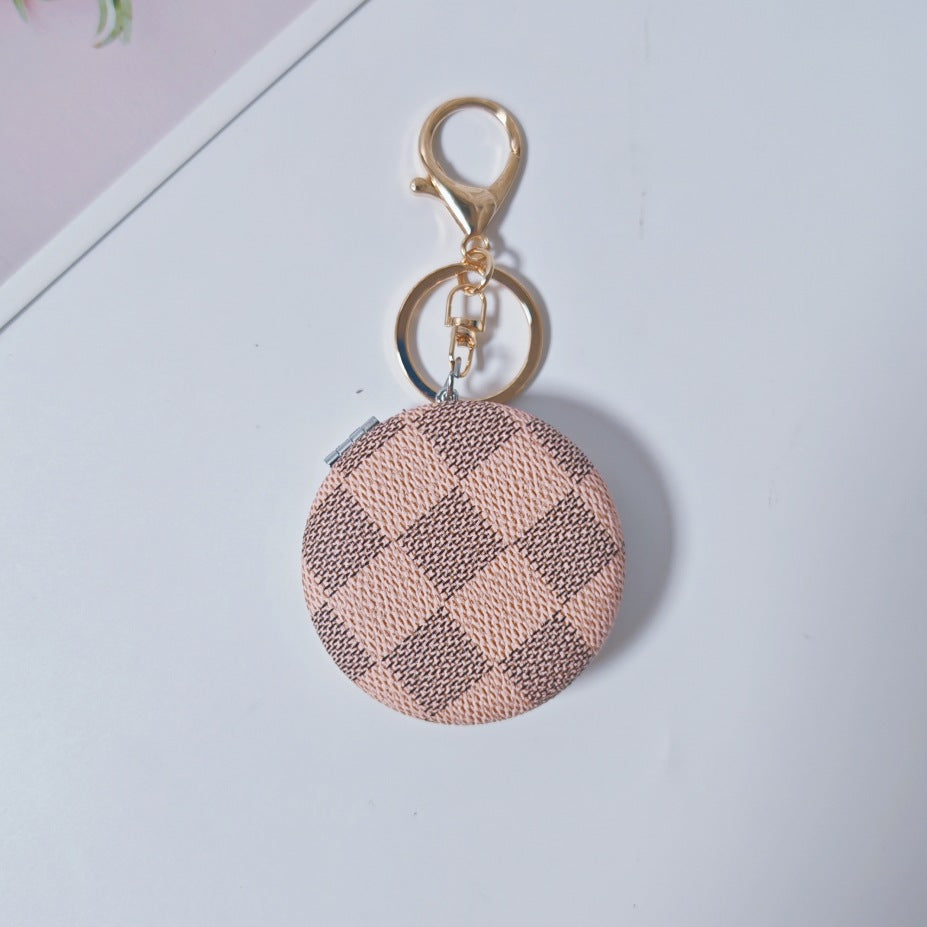 Plaid Pattern PU Leather Round Mirror Keychain Gold Clasp 2pcs 8