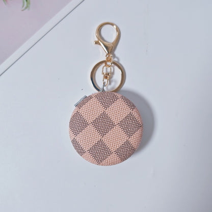Plaid Pattern PU Leather Round Mirror Keychain Gold Clasp 2pcs 8