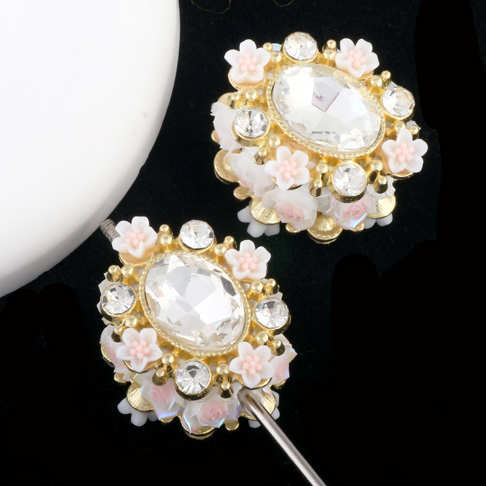 Vintage Flower Wrapped Clay Beads 28mm Oval Rhinestone 2pcs 10