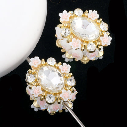 Vintage Flower Wrapped Clay Beads 28mm Oval Rhinestone 2pcs 10
