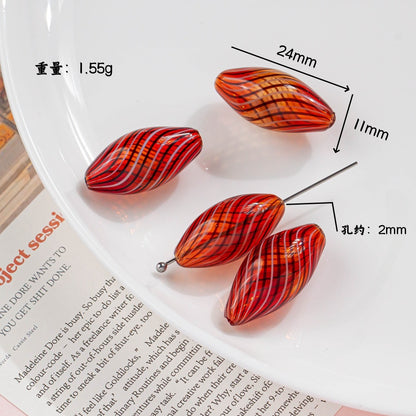 Vintage Pattern Olive Shaped Blown Glass Beads Handmade 4pcs 13