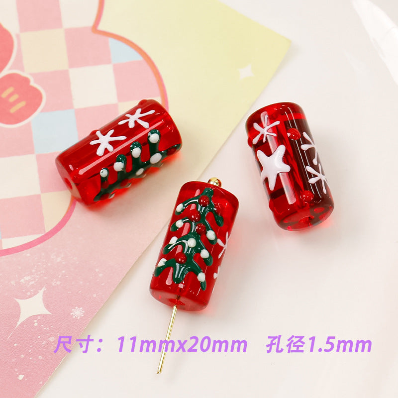 Lampwork Glass Beads Oval Cylindrical Hand Painted Christmas Theme 10pcs 6
