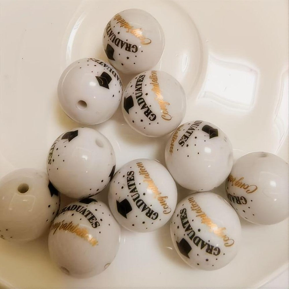 Printed Bubblegum Beads 20mm Graduation Season Design White 10pcs 3